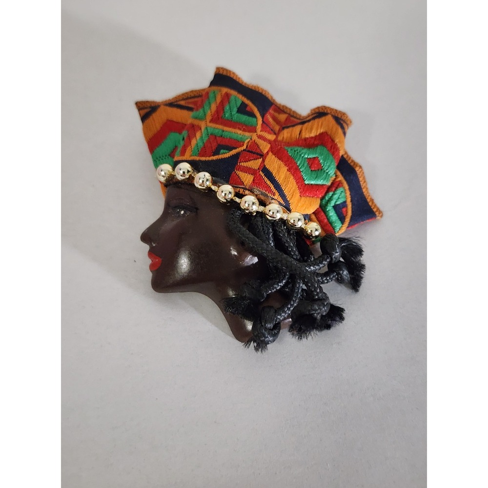 Vintage F. Jaretta Jewelry African Queen Brooch Fabric Headwrap Gold Tone Pin